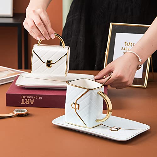 Ceramic Purse Coffee Mugs Set Tea Cup Unique Bag shaped mug and Saucer Set with Spoon and Saucer For Women Mother's Day Christmas Gifts (10 Count)