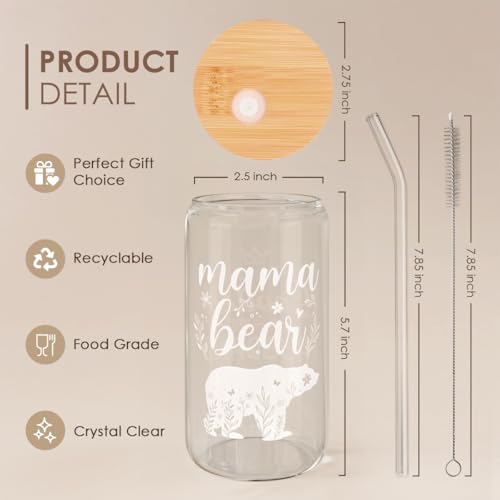 Mom Gifts Mama Bear 16 Oz Can Glass Tumbler with Bamboo Lid and Straw