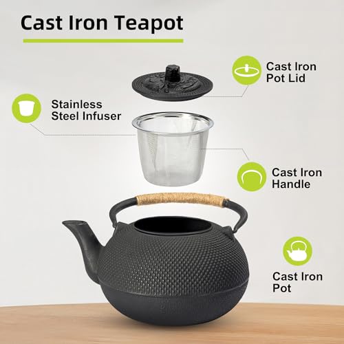 Japanese Tetsubin Cast Iron Teapot Tea Kettle pot with Stainless Steel Infuser for Stovetop Safe Coated with Enameled Interior 30 oz