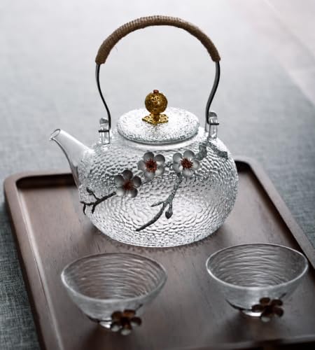 Japanese Style Hammered Glass Teapot with Plum Blossom Decor 900ml