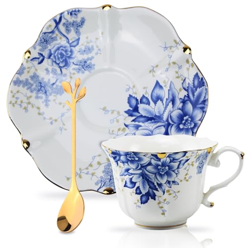 Country Roses Porcelain Tea Cup and Saucer Set with Gold Trim