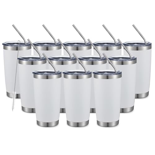 20oz White Tumbler Double Wall Vacuum Insulated Travel Mug Stainless Steel Coffee Mug with Lid and Straw Durable Powder Coated Insulated Coffee Cup for Cold & Hot Drinks (12 Count)