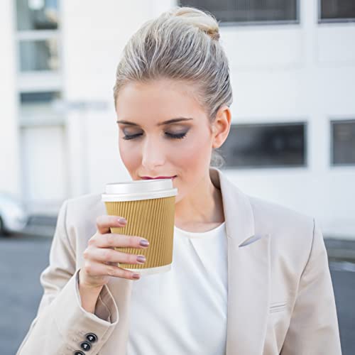 100 8 oz Ripple Kraft Paper Cups Brown Hot Cold with Lids 3 Layer Rippled Small Insulated Disposable Coffee Cups for Cappuccino Hot Cocoa or Iced Drinks (100 Count)