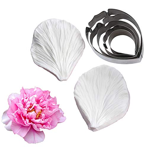 5pcs Stainless Steel Peony Cutter 2pcs Fondant Silicone Mold Gumpaste Peony Sugarcraft Flower Veining Mold Veiner Petal Making Tool