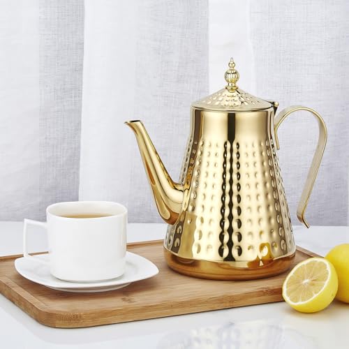 1.8L(60oz) Stainless Steel Hammer Patterned Teapot With Removeable Infuser,Loose leaf cover,Gold