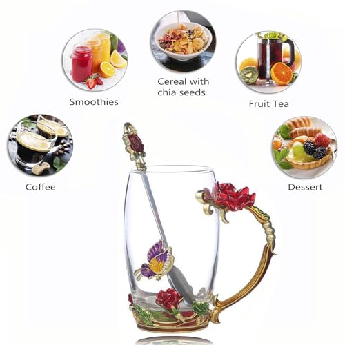 Glass Fancy Tea Cup Set Birthday Christmas Valentine's Day Gift Idea for Tea Lover and Women Novelty Coffee Mugs Rose Flower Enamel Glass Mug with Spoon (2 Count)