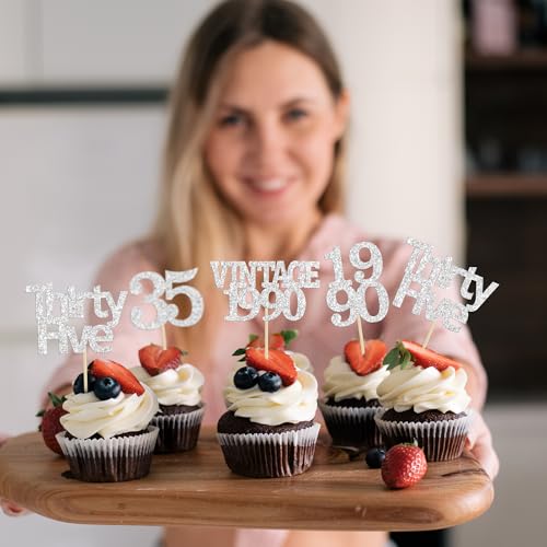 24Pcs Happy 35th Birthday Cupcake Toppers Glitter Thirty Five 35 Fabulous Vintage 1990 Cupcake Picks for 30th Birthday Wedding Anniversary Party Cake Decorations Supplies Rose Gold (24 Count)