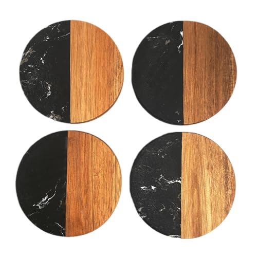 4 Pack Black Marble and Acacia Wood Coasters (4 Count)