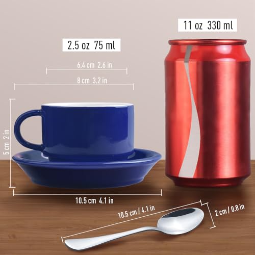 Premium Espresso Shot Cups and Saucers Set with Espresso Stainless Steel Spoons (6 Count)