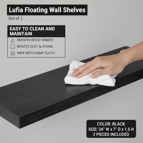 Set of 2 Black MDF Floating Wall Shelves with Hidden Brackets (2 Count)