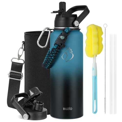40 oz Insulated Water Bottle with Paracord Handle & Straw Spout Lids