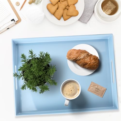 Blue Plastic Serving Tray with Handles for Coffee Table