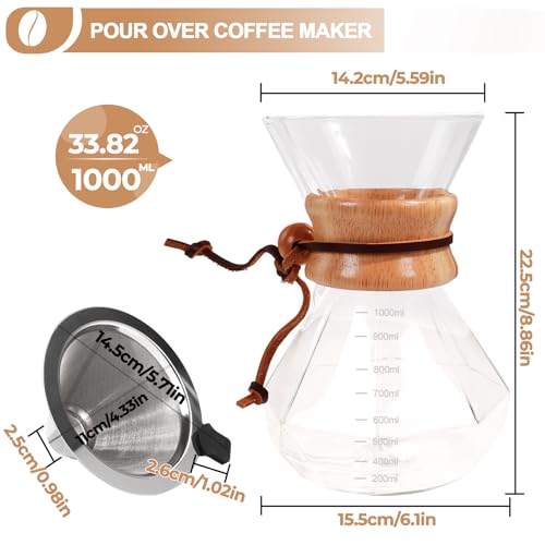 Pour Over Coffee Maker 1000ml with 304 Stainless Steel Filter Wooden Collar Holder Borosilicate Glass Drip Coffeemaker Server Set Clear Hand Brew Dripper Carafe for Home Camping Travel 33.8oz
