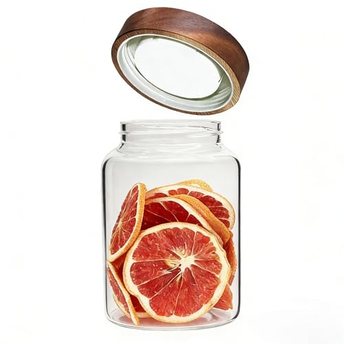 Airtight Glass Jars with Wooden Lid Round Spice Jar Clear Glass Food Storage Jar Canister with Screw Lid for Coffee Ground Bean Candy Pantry Sugar Tea Cookies Bath Salts