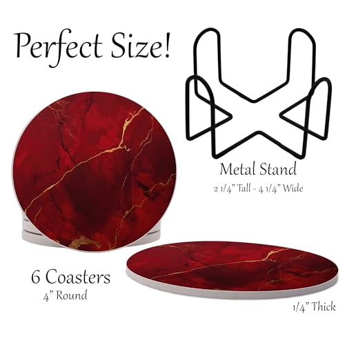 Dark Red Agate Marble Round Coasters Set of 6