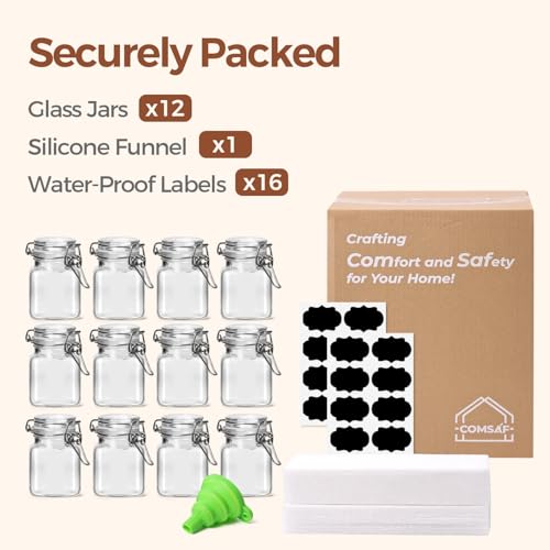 Square Glass Spice Jars 4 oz 12 Pack with Labels and Funnel Set (12 Count)