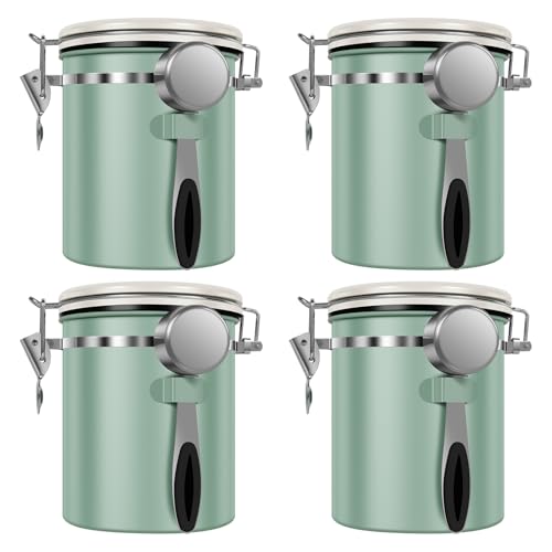 4PCS Coffee Storage Canister 1.5L 51OZ Double Airtight Coffee Beans Container with Date Locator 304 Stainless Steel Kitchen Food Storage Container with Spoon For Coffee Beans Grounds Tea Sugar (4 Count)