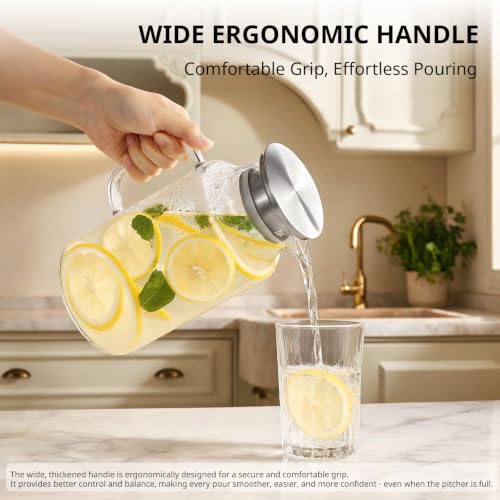 Short 67.6 oz Glass Pitcher with Lid and Handle