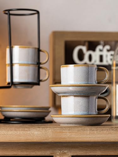 2.5oz Stackable Espresso Cups Set of 4 with Saucers & Stand (8.25 Count)