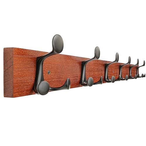 39 Inch Cherry Wood Coat Rack Wall Mount with 6 Triple Hooks