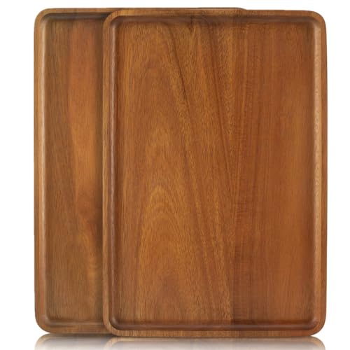 2 PCS Solid Acacia Wood Serving Trays 16 * 12 inch Rectangular Wooden Serving Platters Natural Wooden Boards for Bar Coffee Party (2 Count)