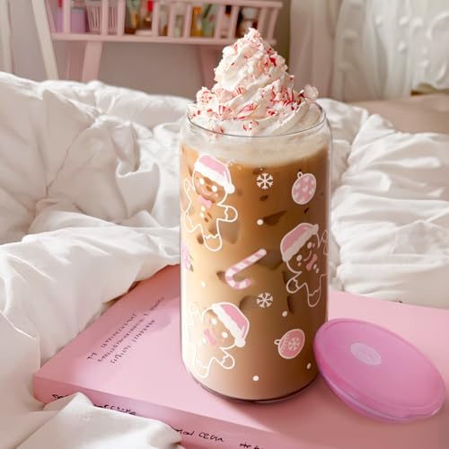 Christmas Gingerbread 16oz Can Glass Tumbler with Acrylic Lid & Straw
