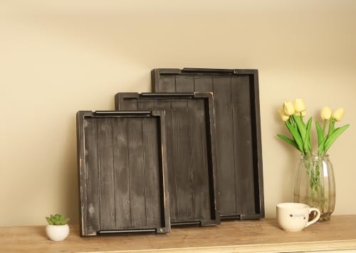 3Pc Rustic Black Vintage Nested Wood Serving Trays