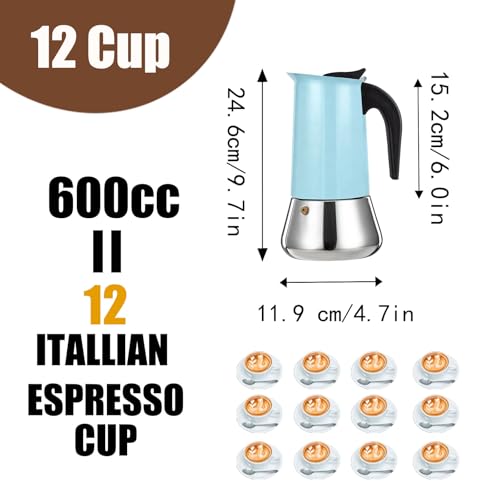 12 Cup Stovetop Espresso Maker Stainless Steel Moka Pot Stove Top Percolator Italian Coffee Makers Capable Mocha Greca Machine Cafe Classic Induction Cookers for Home and Camping 600ml 20oz