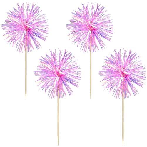30Pcs Foil Firework Cupcake Toppers Sparkle Tinsel Cake Toppers Tinsel Drink Cake Decoration Cocktail Picks for Birthday Wedding Graduation Party Supplies Laser Rose Red (30 Count)