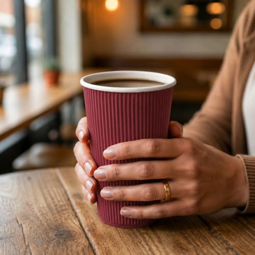 Ripple Wall Coffee Cups 25 Count 16 Ounce Insulated Crimson Paper Cups
