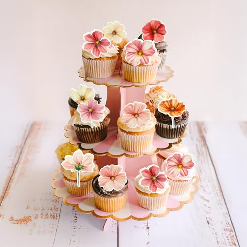 50Pcs Edible Flower Cupcake Toppers Wafer Paper Spring Bridal Engagement Baby Shower Birthday Party Cupcake Picks Anniversary Party Decorations Supplies Rose Red (50 Count)