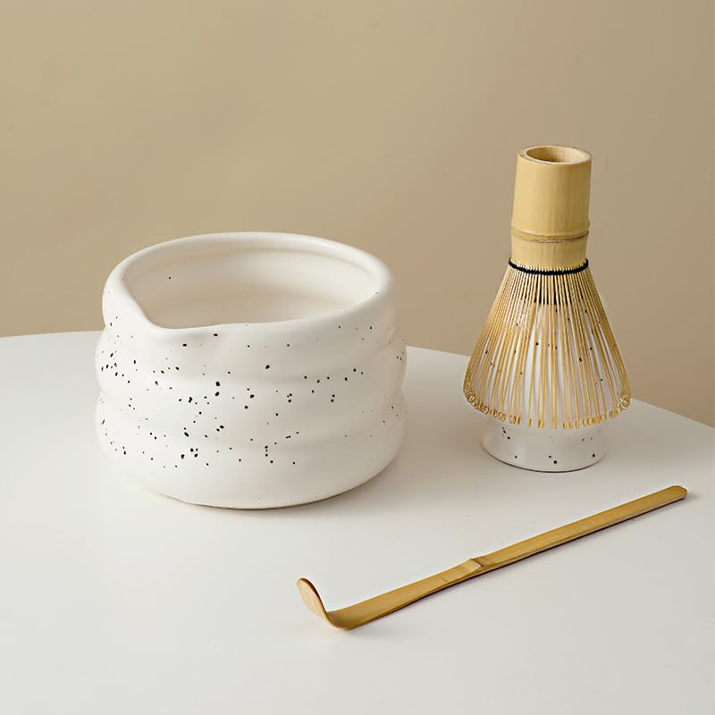 7 piece matcha kit includes matcha bowl. white speckled matcha tea set with bamboo whisk (7 Count)