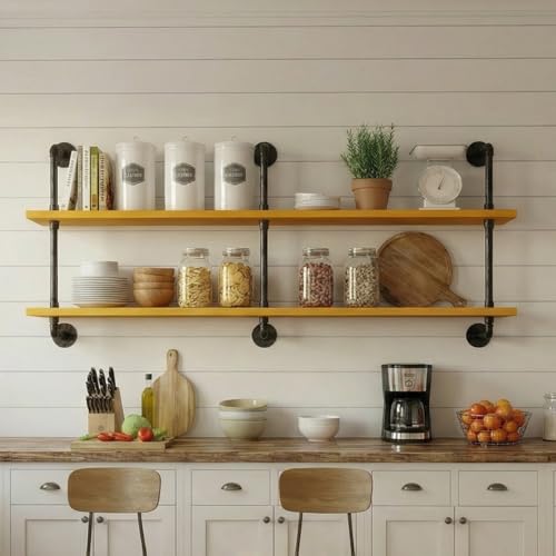 Industrial Pipe Shelving Rustic Floating Bookshelf for Living Room 60 Inch Wall Mounted Bookshelf Pipe Shelves with Wood Planks Industrial Floating Shelves Farmhouse Kitchen Shelving