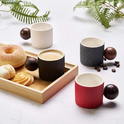 Ceramic Mini Espresso Cups Demitasse Cups with Round Wooden Handle Vertical Stripes Tea Cups (2 Count)