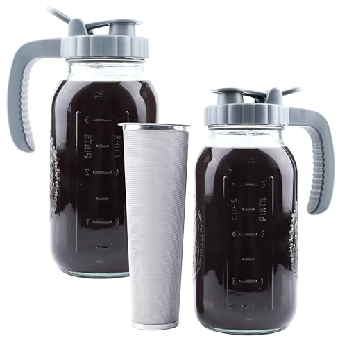 Cold Brew Coffee Maker 64 OZ 2 Pack Mason Jar Cold Brew Pitcher With Infuser 2 Quart Wide Mouth Iced Coffee Maker With Pour Spout Lid And Handle Half Gallon Airtight & Leakproof Pitcher For Fridge (2 Count)