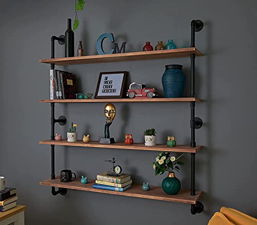 Floating Bookshelf Shelves Industrial Pipe Shelving Floating Pipe Shelf with Wood Planks 48 inch Industrial Wall Shelves Rustic Hanging Bookshelf Farmhouse Kitchen Shelving (4 Count)