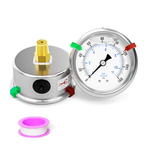 0 160PSI Stainless Steel Glycerin Liquid Filled Pressure Gauge 1