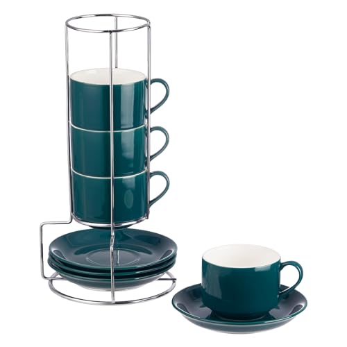 8 Ounce Stackable Cappuccino Cups with Saucers and Metal Stand (4 Count)