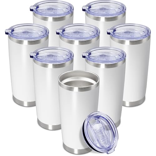 20oz Tumbler Insulated Coffee Tumblers with Lid Stainless Steel White 8P (8 Count)