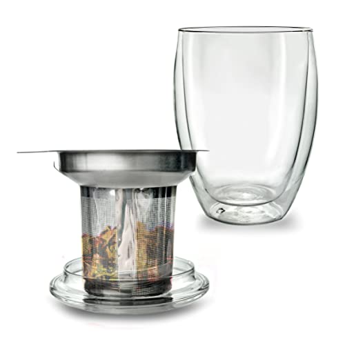 Double Walled Tea Glass with Stainless Steel Filter and Glass Lid
