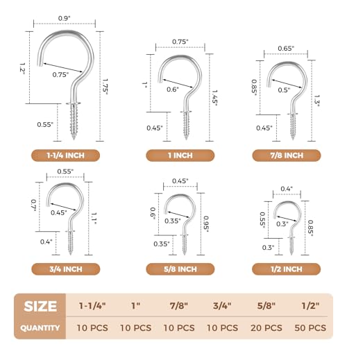 Screw Hooks 6 Sizes Metal Screw in Cup Hooks