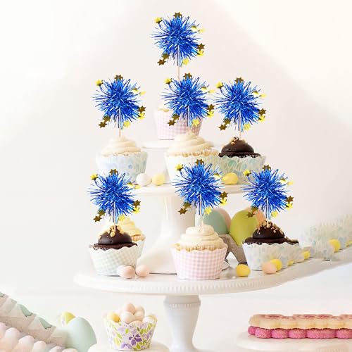 30 PCS Foil Firework Cupcake Toppers Happy Birthday Star Cupcake Picks Sparkle Tinsel Drink Stirrers Cocktail Fruit Toothpicks for Valentine's Day Wedding Birthday Party Decorations Supplies Blue (30 Count)