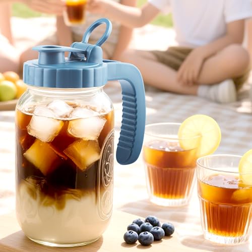 Mason Jar Pitcher With Stainless Steel Filter 64 OZ 2 Pack Wide Mouth Cold Brew Coffee Maker 2 Quart Glass water pitcher with lid Half Gallon Cold hot Tea maker For Lemonade Milk Juice Refrigerator (2 Count)