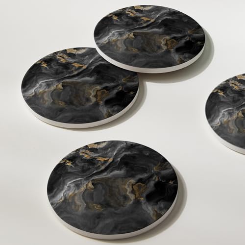 Set of 6 Abstract Black Marble Coasters with Holder (6 Count)