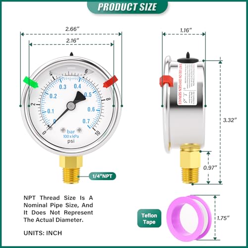 0 10PSI Stainless Steel Liquid Filled Pressure Gauge