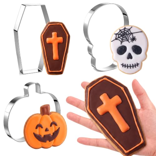 3 Pcs 7.5 Inch Large Halloween Cookie Cutters Set Extra Large Pumpkin Coffin Skull Shapes Stainless Steel Metal Giant Cookie Cutters Molds for Halloween Day Baking Party Kitchen Accessories (3 Count)