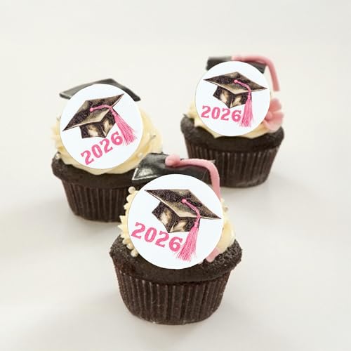48Pcs Edible 2026 Graduation Cap Cupcake Toppers Wafer Paper Class of 2026 Grad Cap Cupcake Picks for 2026 Graduation Theme Party Cake Decorations Supplies Pink (48 Count)