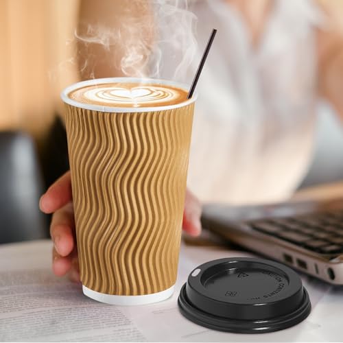 90 Pack 16 oz Disposable Coffee Cups with Lids and Straws (90 Count)