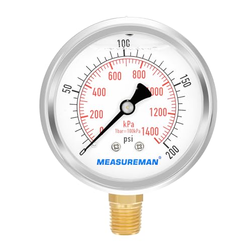 2-1/2inch Dial Size, Liquid Filled Pressure Gauge, 0-200psi/kpa, 304 Stainless Steel Case, 1/4 inchNPT Lower Mount
