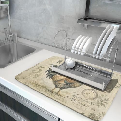 Farmhouse Rooster Dish Drying Mat 18 x 24 Inch with Hanging Loop High Absorbent Reversible Microfiber Dish Drying Pad Drainer Mat for Kitchen Counter Coffee Bar